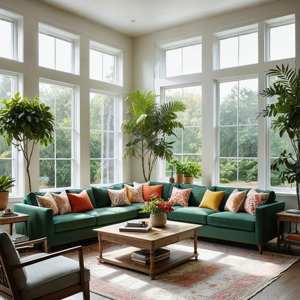 A bright, inviting living room showcasing cheerful home layouts, featuring cozy furniture arrangements, vibrant decorative elements, and a sunlit ambiance. Incorporate tailored blueprints scattered around, highlighting creativity and personalization in design. Include plants and colorful artwork to add warmth and joy. super-realistic. vibrant colors. soft natural lighting.