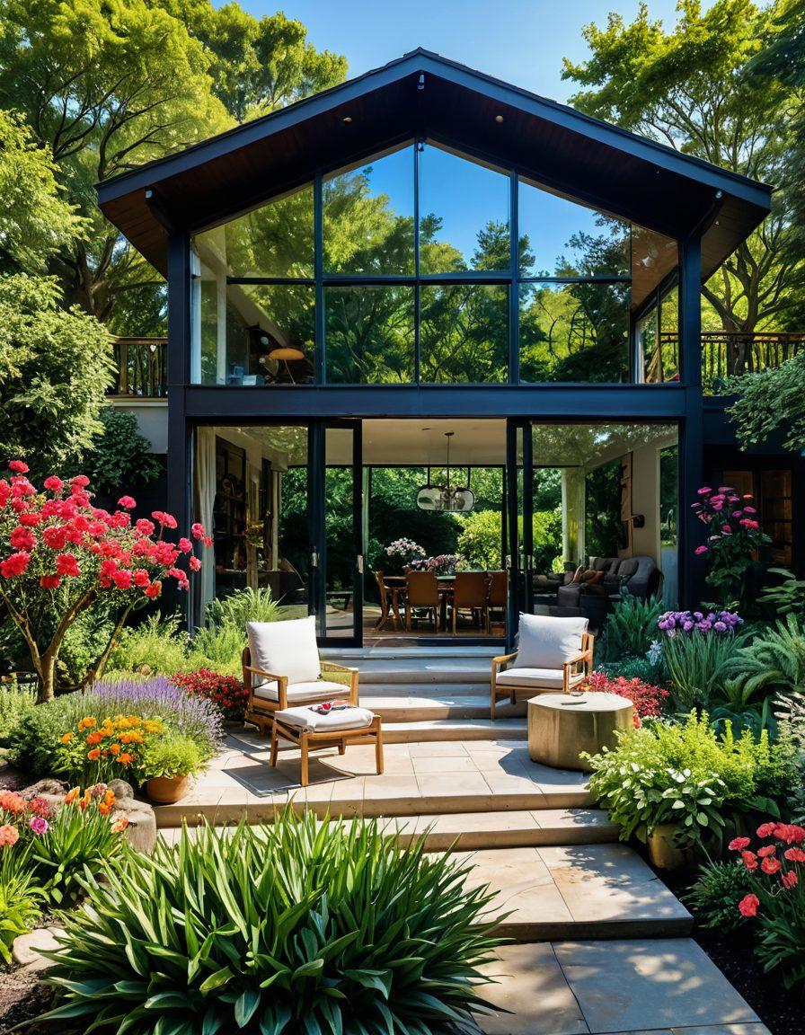 A beautifully designed bespoke home with large windows, surrounded by a lush garden filled with colorful flowers and greenery. The scene should capture warm sunlight illuminating happy families enjoying their space, showcasing intricate architectural details and cozy outdoor seating. The atmosphere should convey joy and contentment, reflecting the essence of happiness in a home. super-realistic. vibrant colors. 3D.