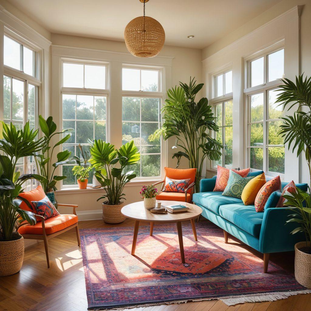 A serene living space that combines joyful elements with functional design, featuring a cozy reading nook with colorful cushions, an elegant dining table with unique chairs, and lush houseplants creating a sense of harmony. Soft sunlight filters through large windows, casting gentle shadows. Include vibrant colors and artistic touches that inspire creativity and comfort. painting. vibrant colors. natural light.